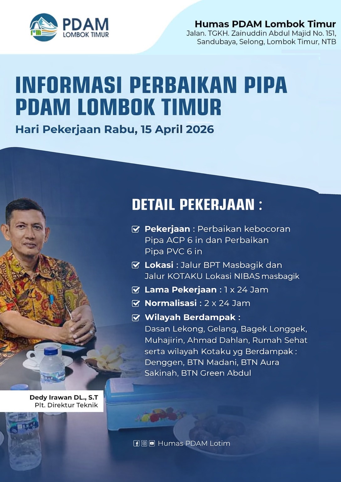 Perbaikan Infrastruktur Air di Masbagik, Warga Diminta Antisipasi Gangguan Distribusi