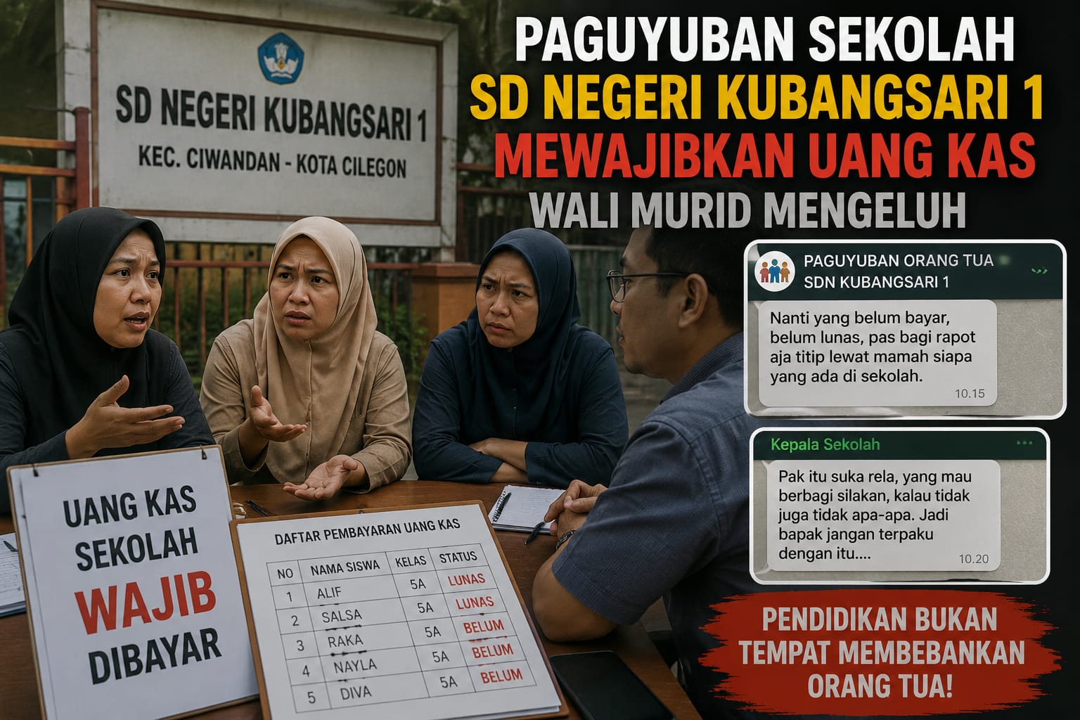Wali Murid Mengeluh, Paguyuban SDN Kubangsari 1 Diduga Wajibkan Uang Kas Kelas
