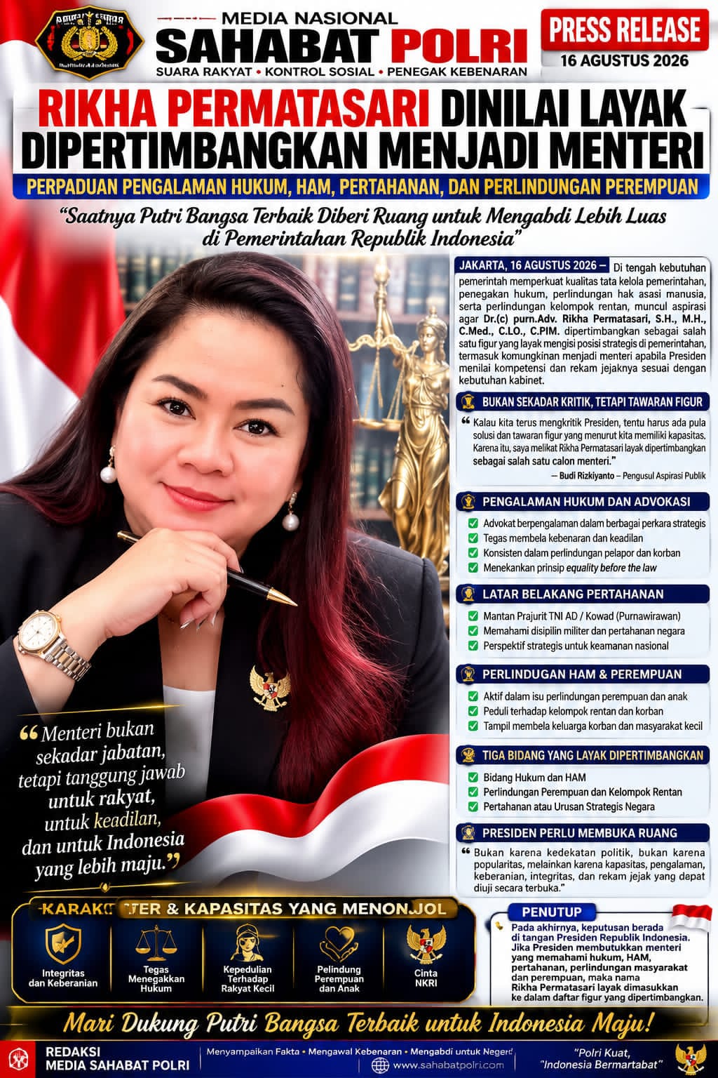 RIKHA PERMATASARI DINILAI LAYAK DIPERTIMBANGKAN MENJADI MENTERI: PERPADUAN PENGALAMAN HUKUM, HAM, PERTAHANAN, DAN PERLINDUNGAN PEREMPUAN